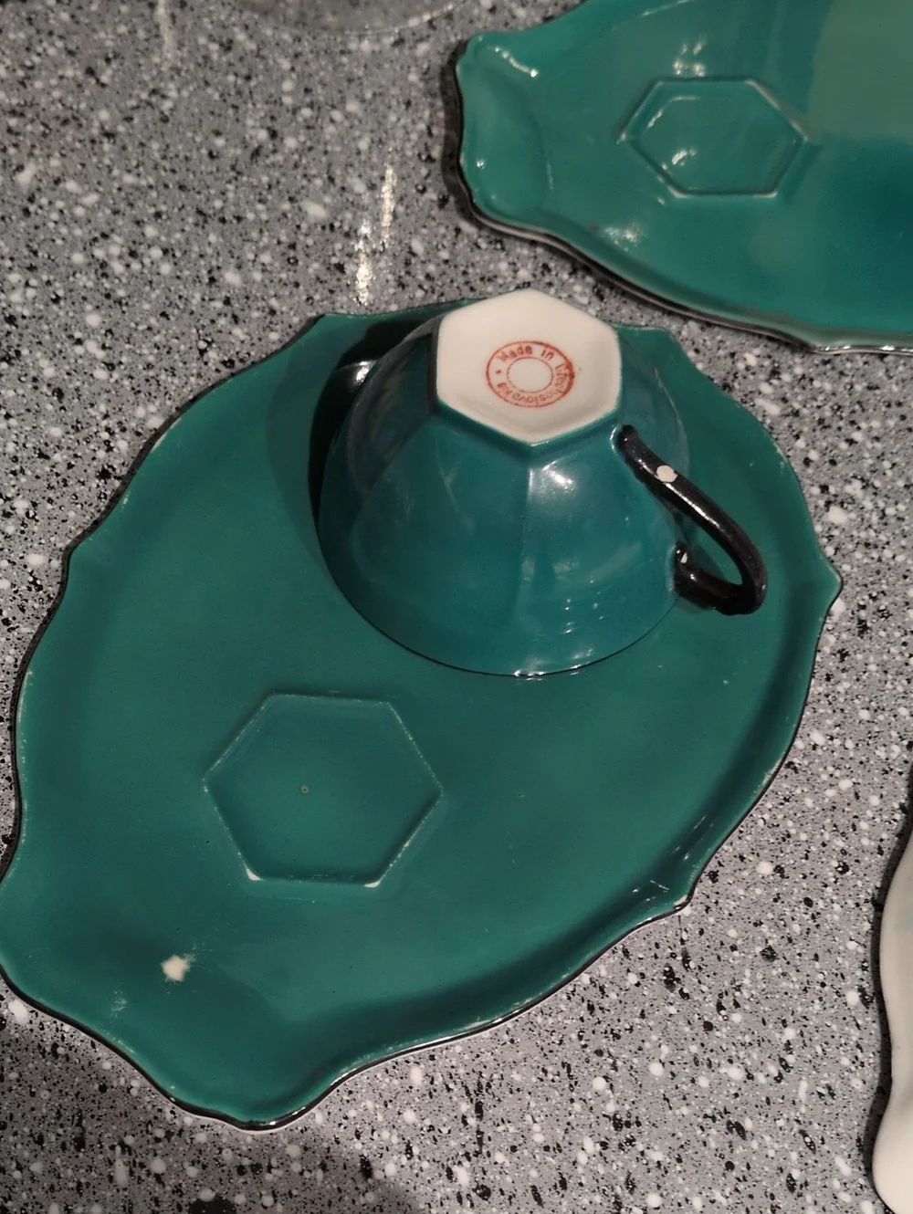 Vintage Czechoslovakia Teal Porcelain Snack Set - 3 Cups & Plates